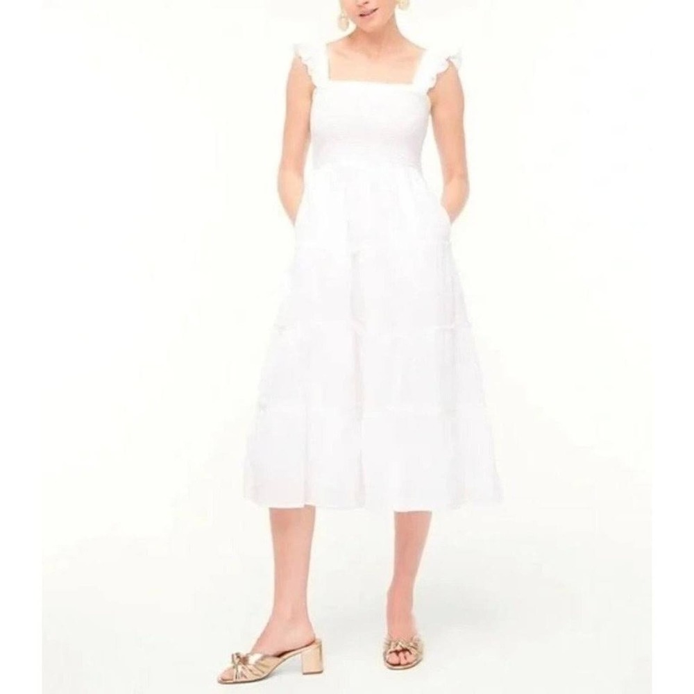 J. Crew Cotton Sleeveless Smocked Tiered Ruffle Hem Midi Dress White Women's XS
